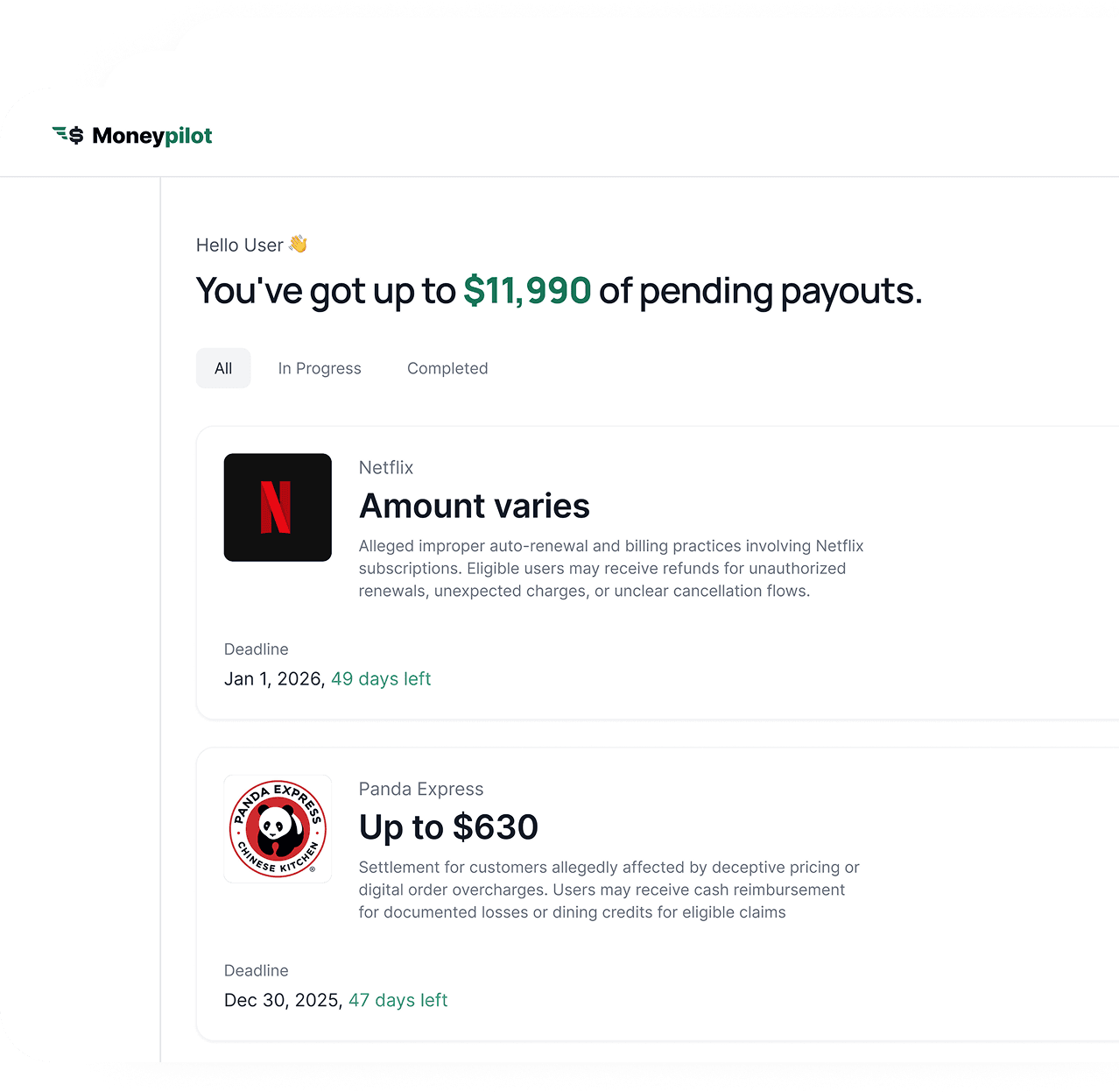 MoneyPilot Dashboard Preview showing pending payouts